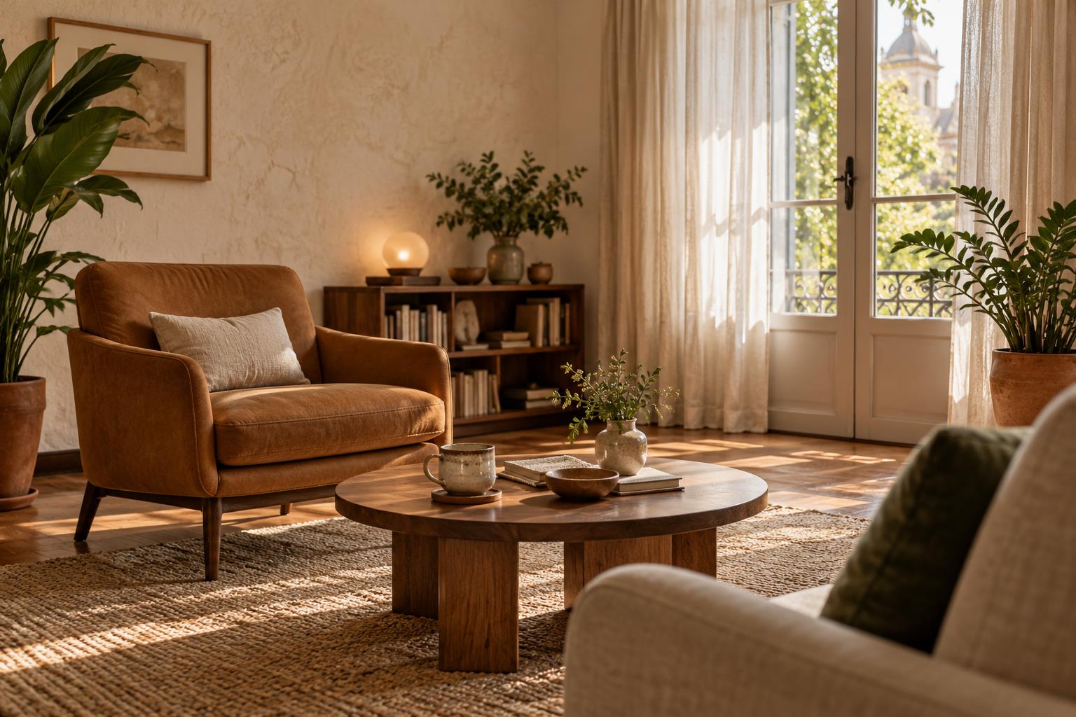 Consultorio cálido con sillón, mesa de madera y plantas